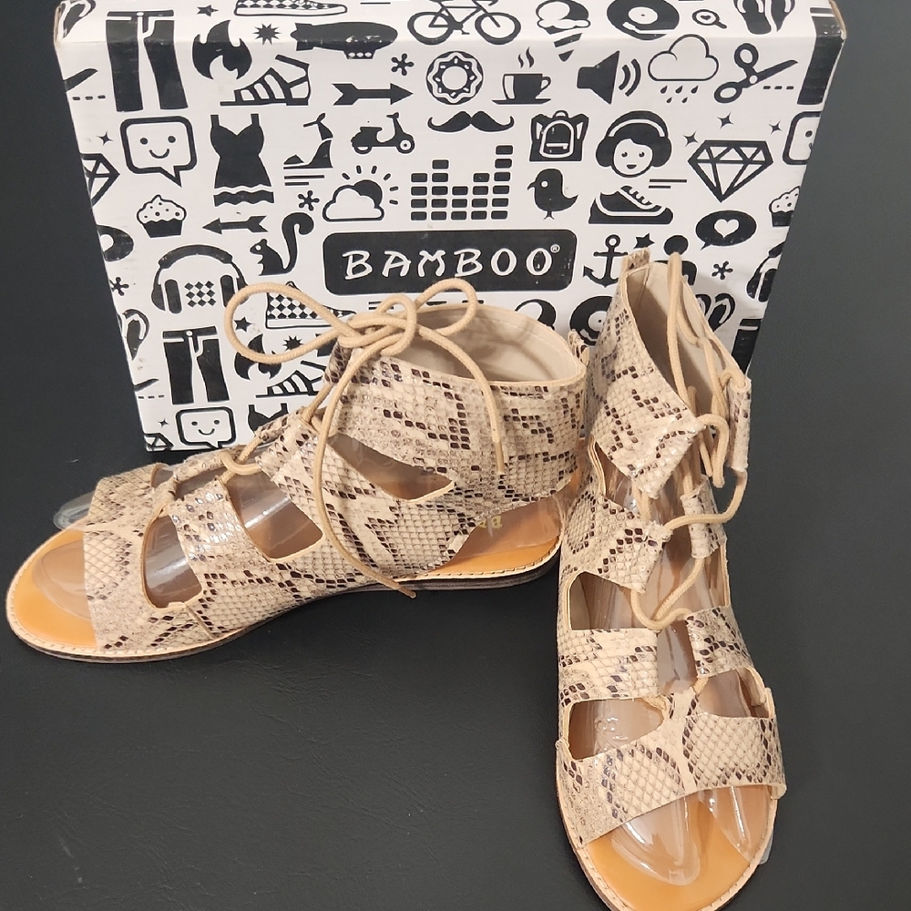 BAMBOO Women's Beige Snake Print Sandals